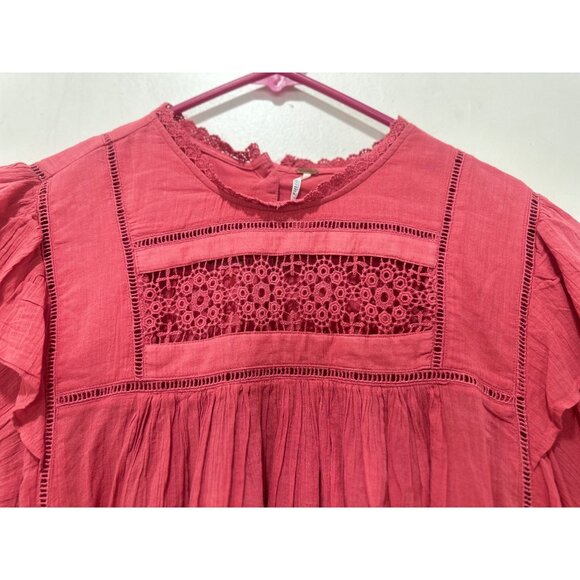 SOLD Free People Laura Prairie Peasant Top Sz Large Pink Eyelet Ruffle Ballon - Picture 13 of 14